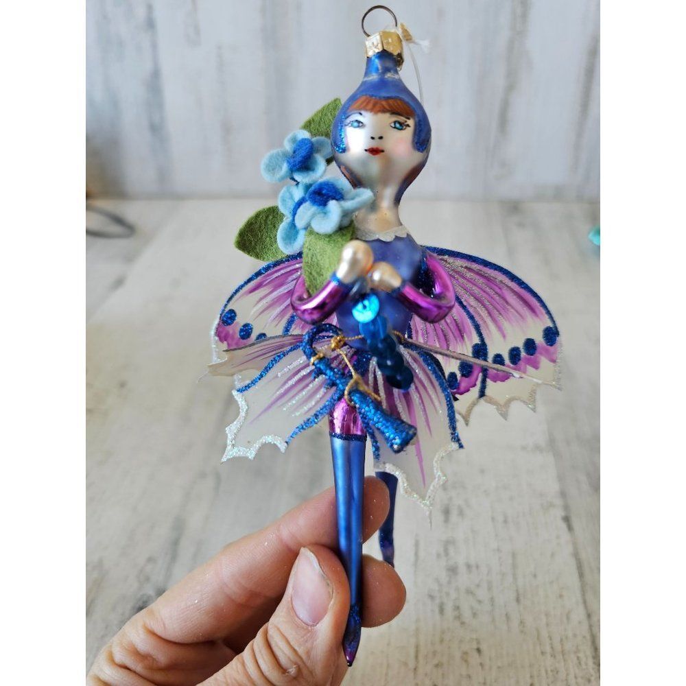 David strand blue fairy Italian‎ glass flower ornament vintage Xmas tree